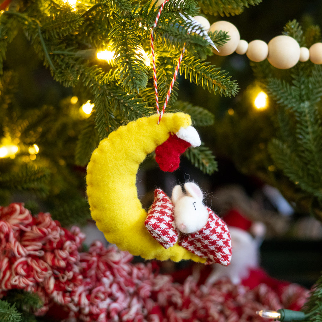 Felt Mouse Under Crescent Moon Ornament