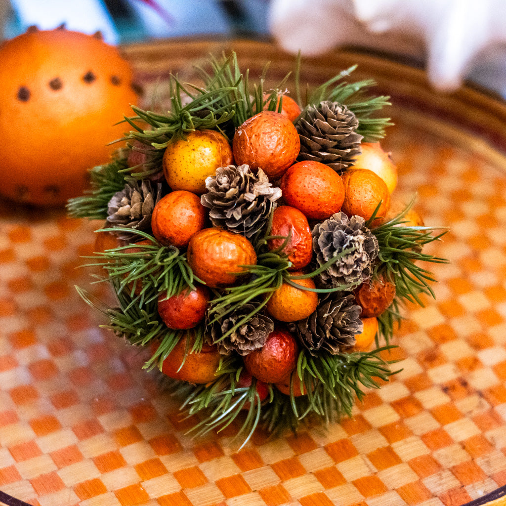 Orange Pods Pinecones and Pine Round Ornament