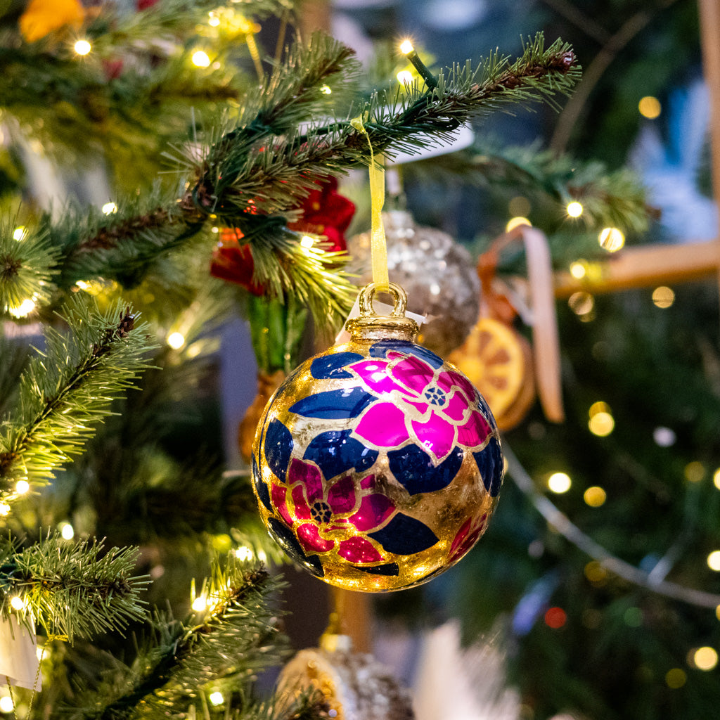Navy and Fuchsia Floral Ball Ornament