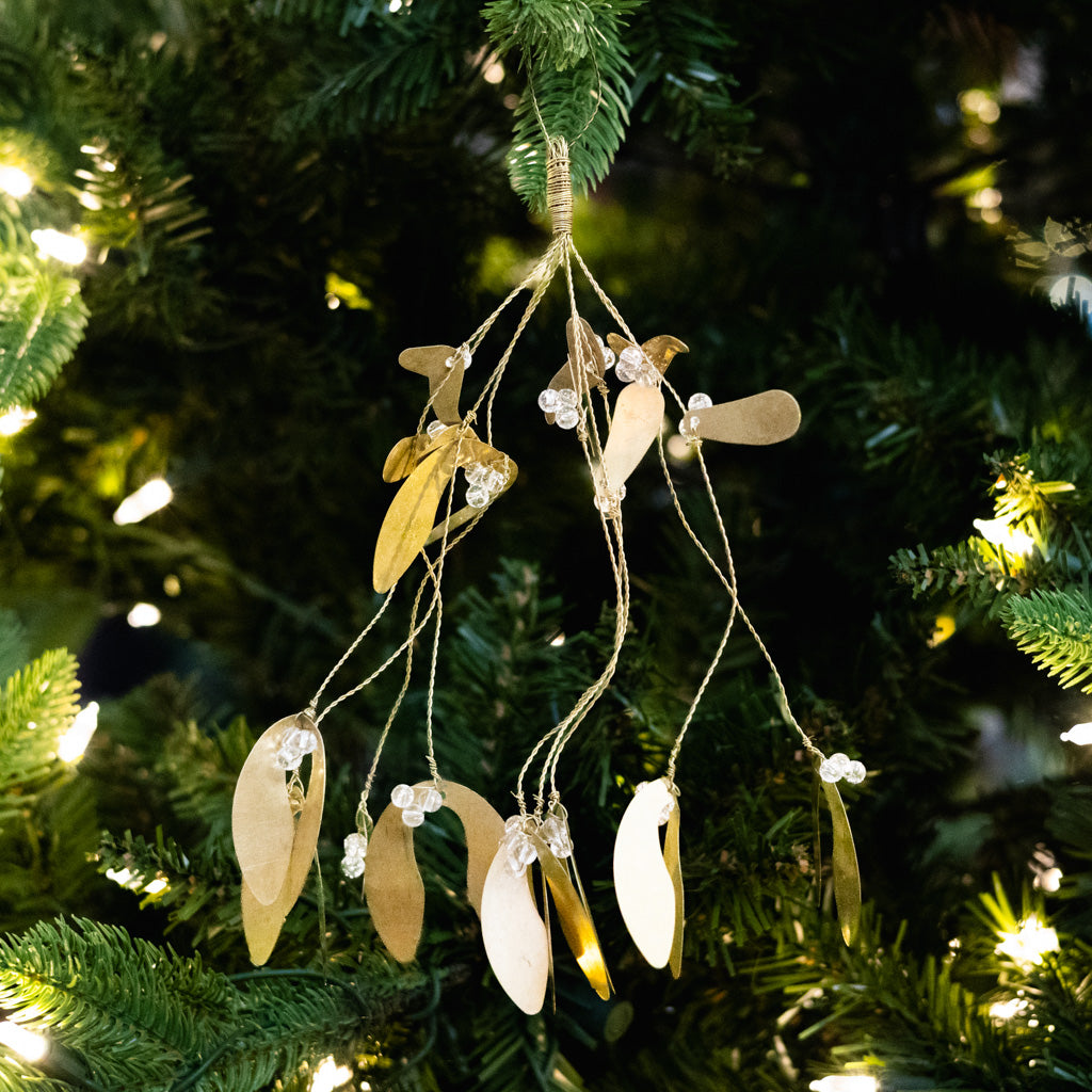 Wire Brass Mistletoe Leaves and Glass Beads Ornament