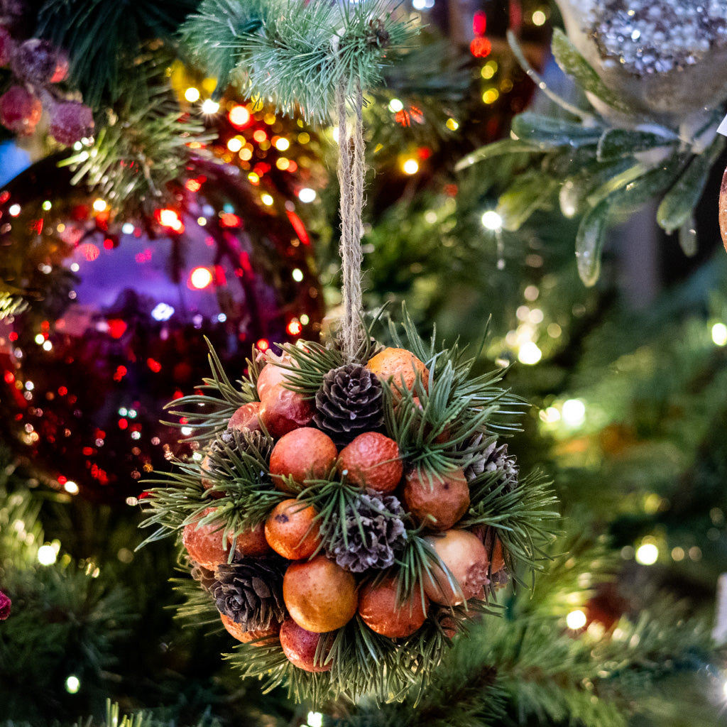Orange Pods Pinecones and Pine Round Ornament