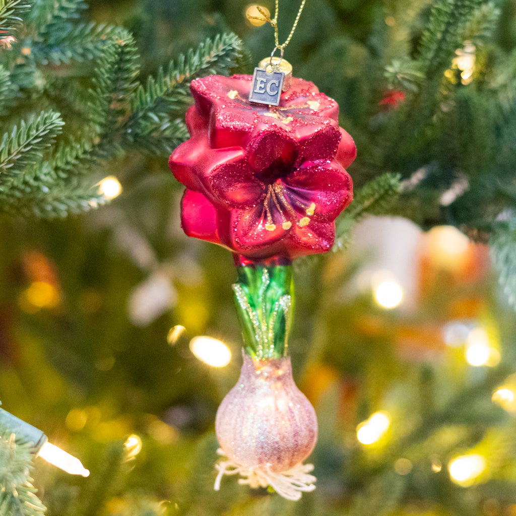 Glass Red Amaryllis Bulb Ornament