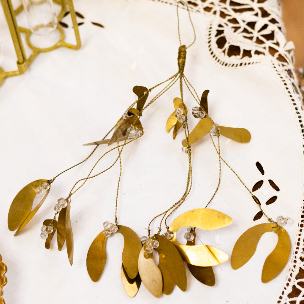 Wire Brass Mistletoe Leaves and Glass Beads Ornament