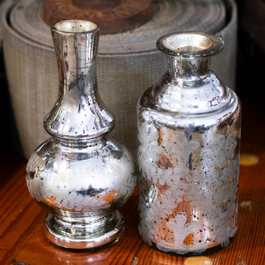 Cylinder Mini Silver Mercury Glass Etched Bud Vase