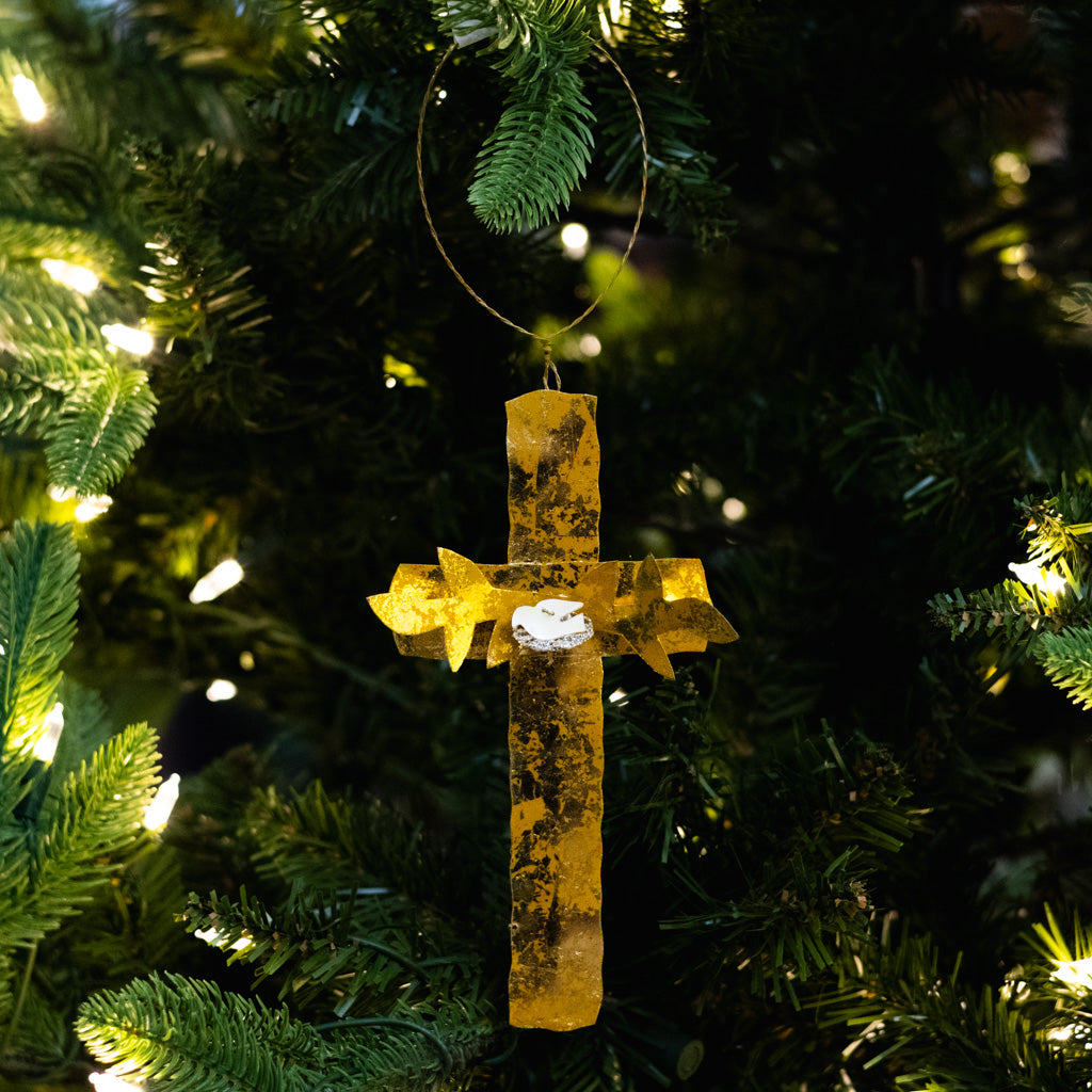 Gold Cross with Dove in Nest Ornament