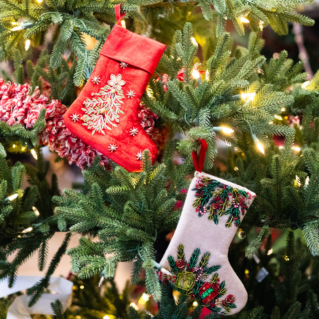 Cotton Stocking with Beaded Fir and Gifts