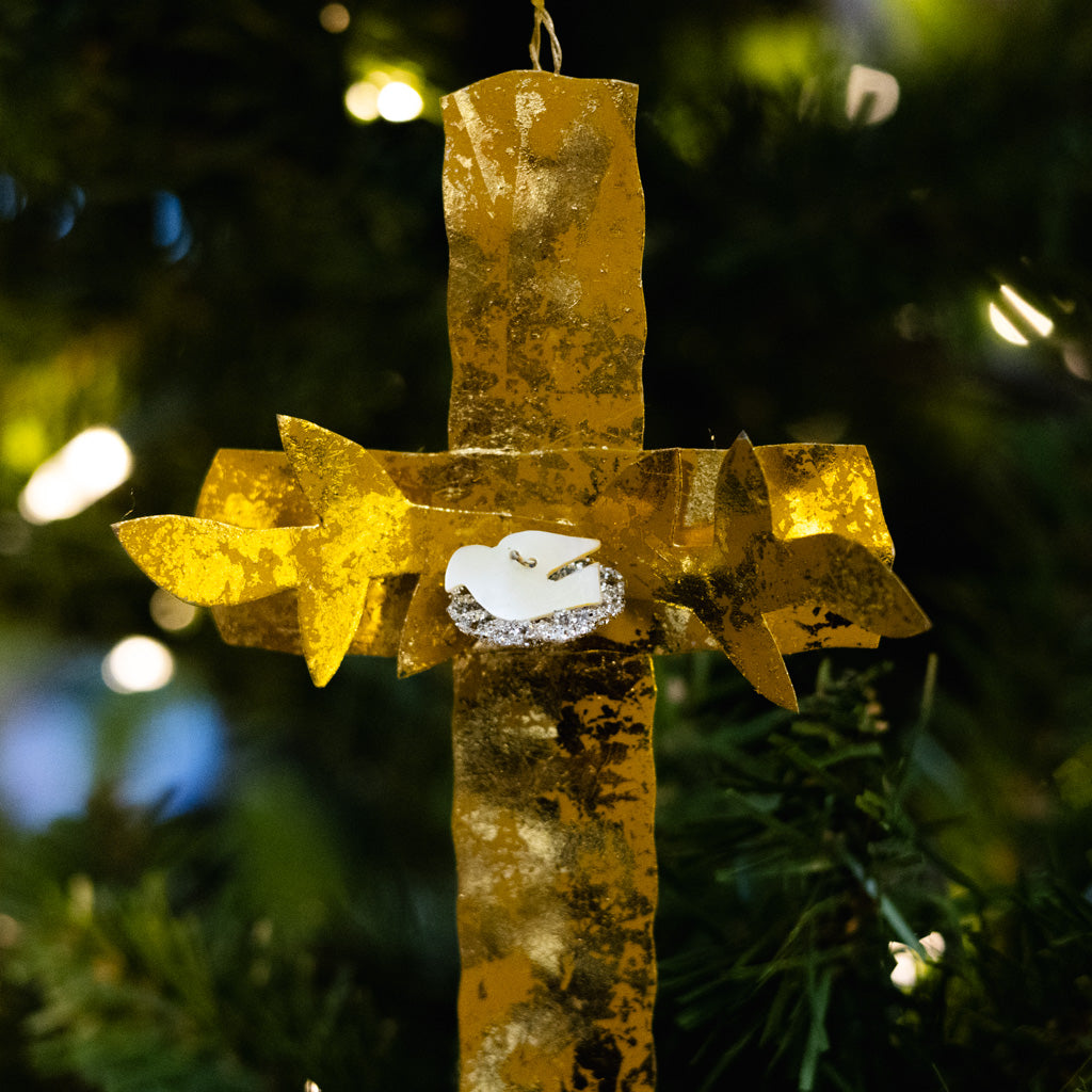 Gold Cross with Dove in Nest Ornament