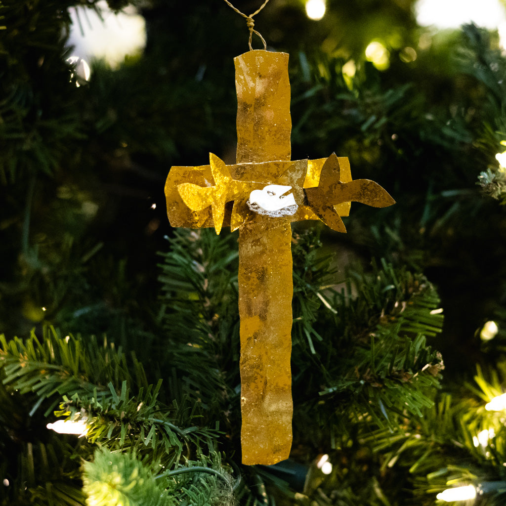 Gold Cross with Dove in Nest Ornament