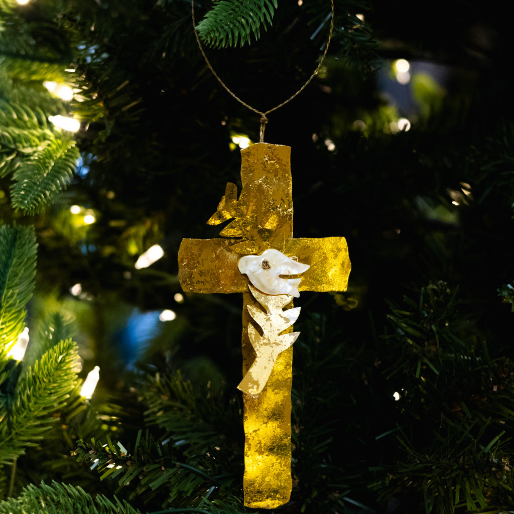 Gold Cross with Dove Ornament