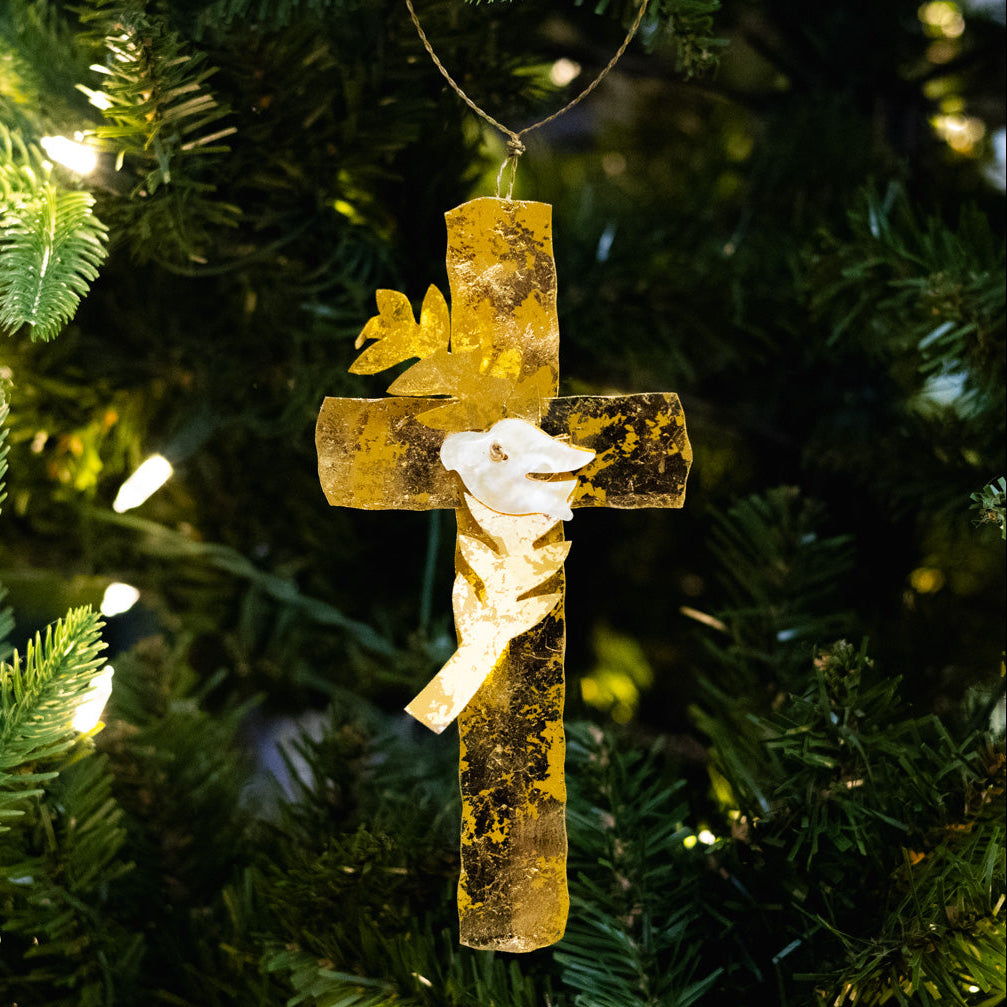 Gold Cross with Dove Ornament