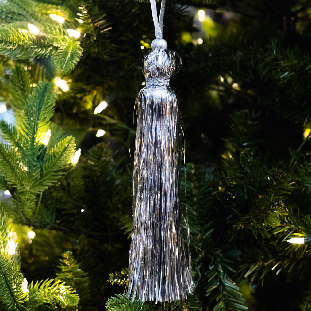 Silver Tinsel Tassel Ornament Long