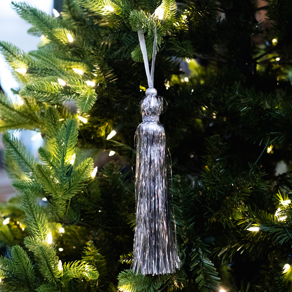 Silver Tinsel Tassel Ornament Long