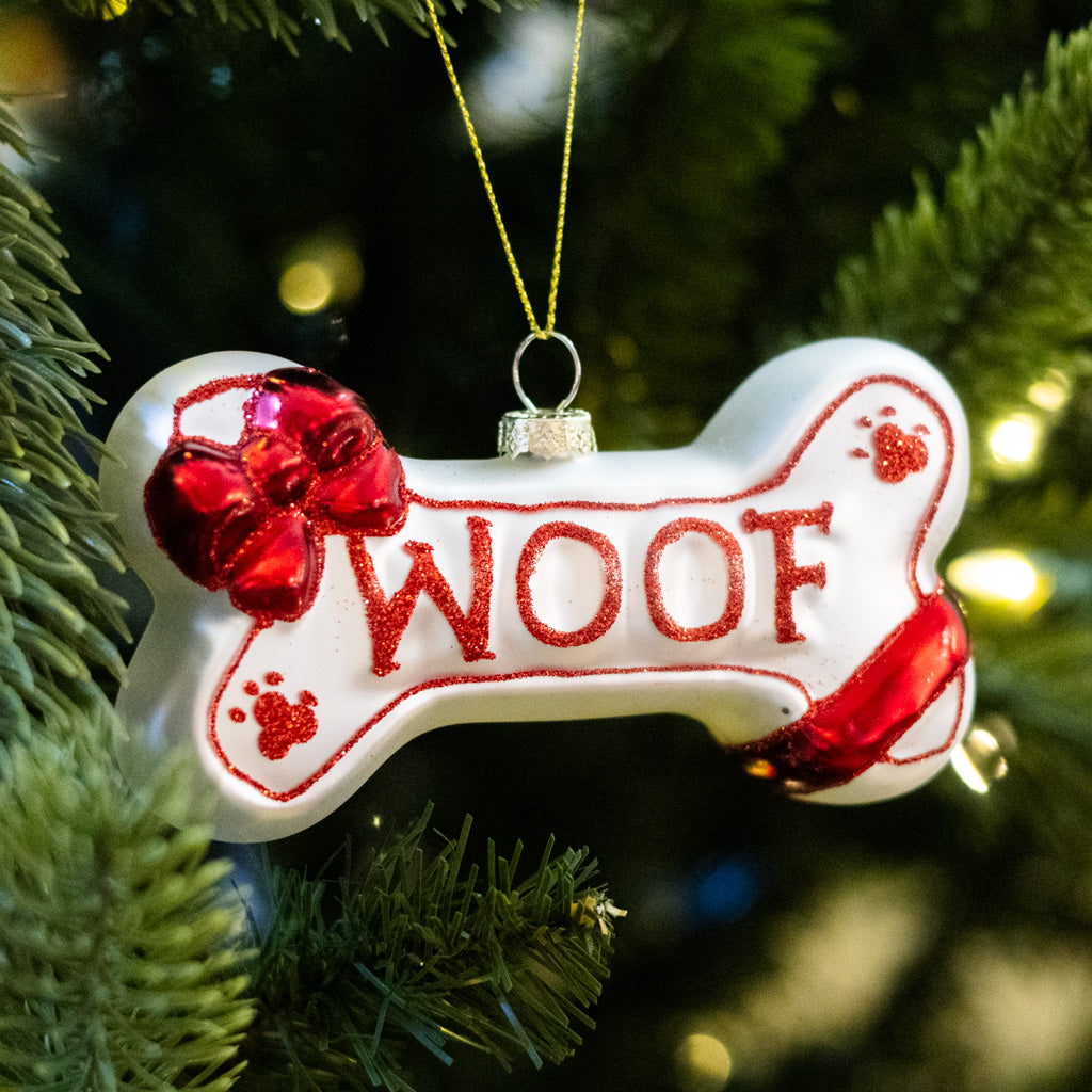 Glass "Woof" Dog Bone Ornament