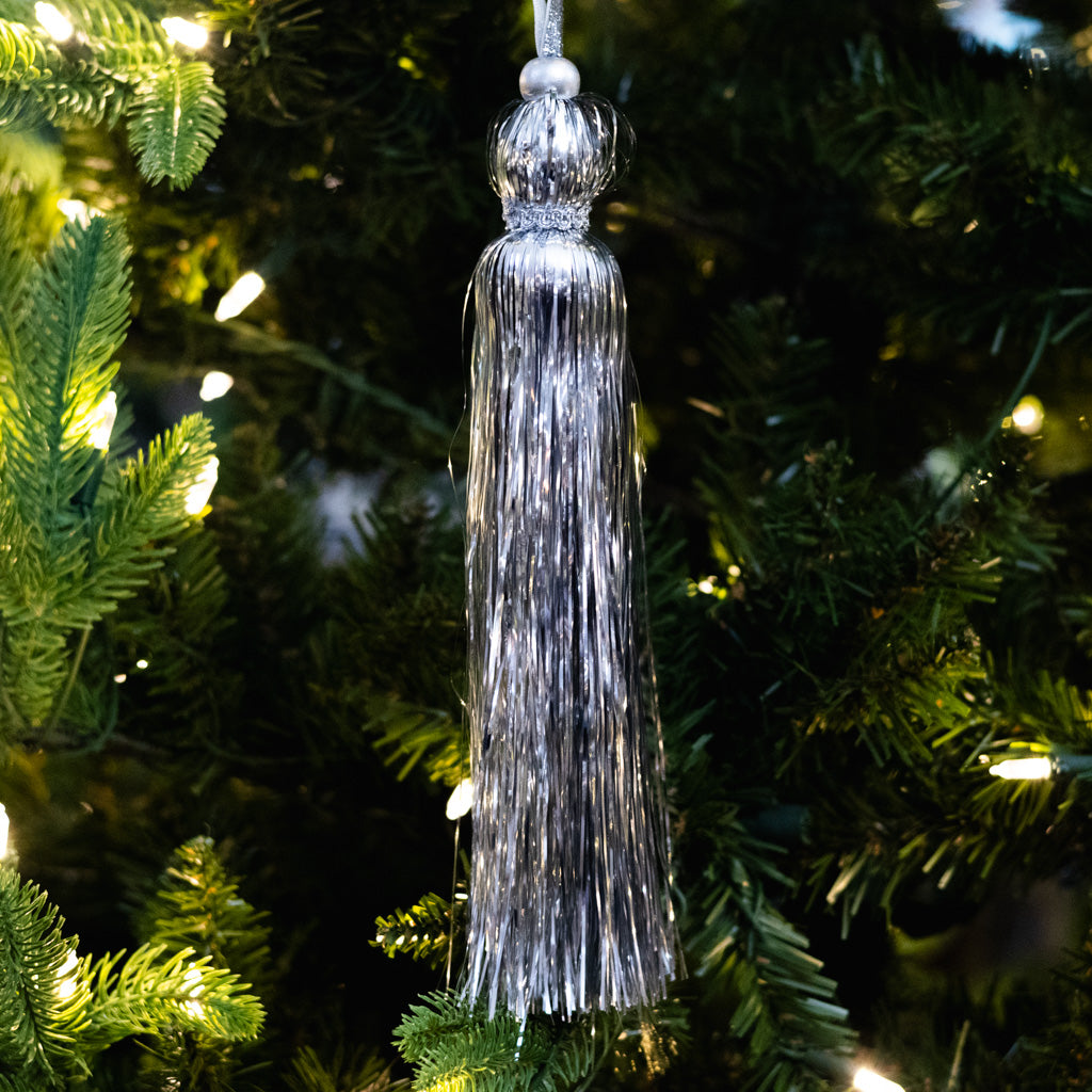 Silver Tinsel Tassel Ornament Long