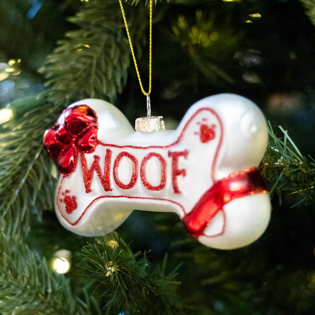 Glass "Woof" Dog Bone Ornament
