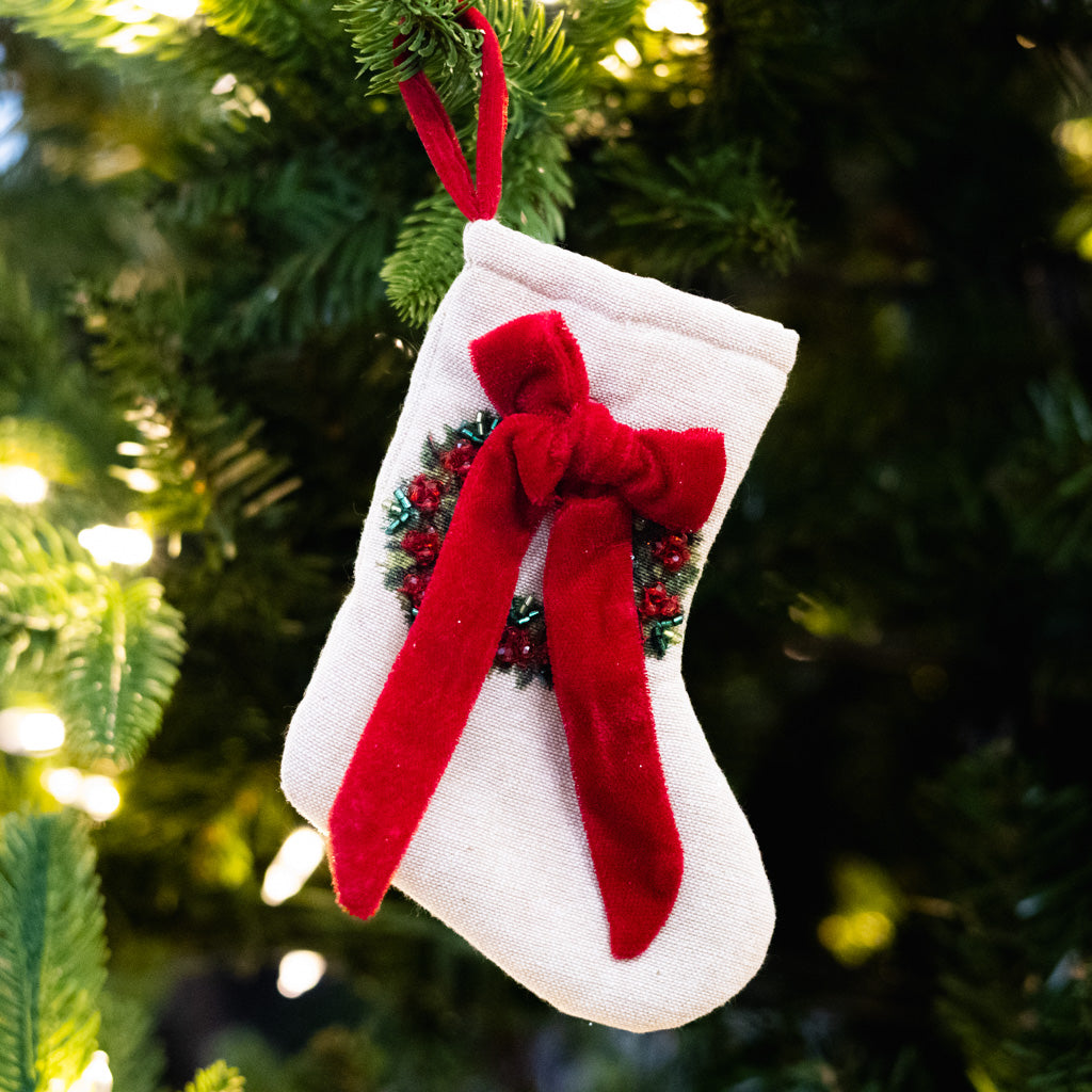 Tan Cotton Stocking with Beaded Wreath and Red Velvet Bow