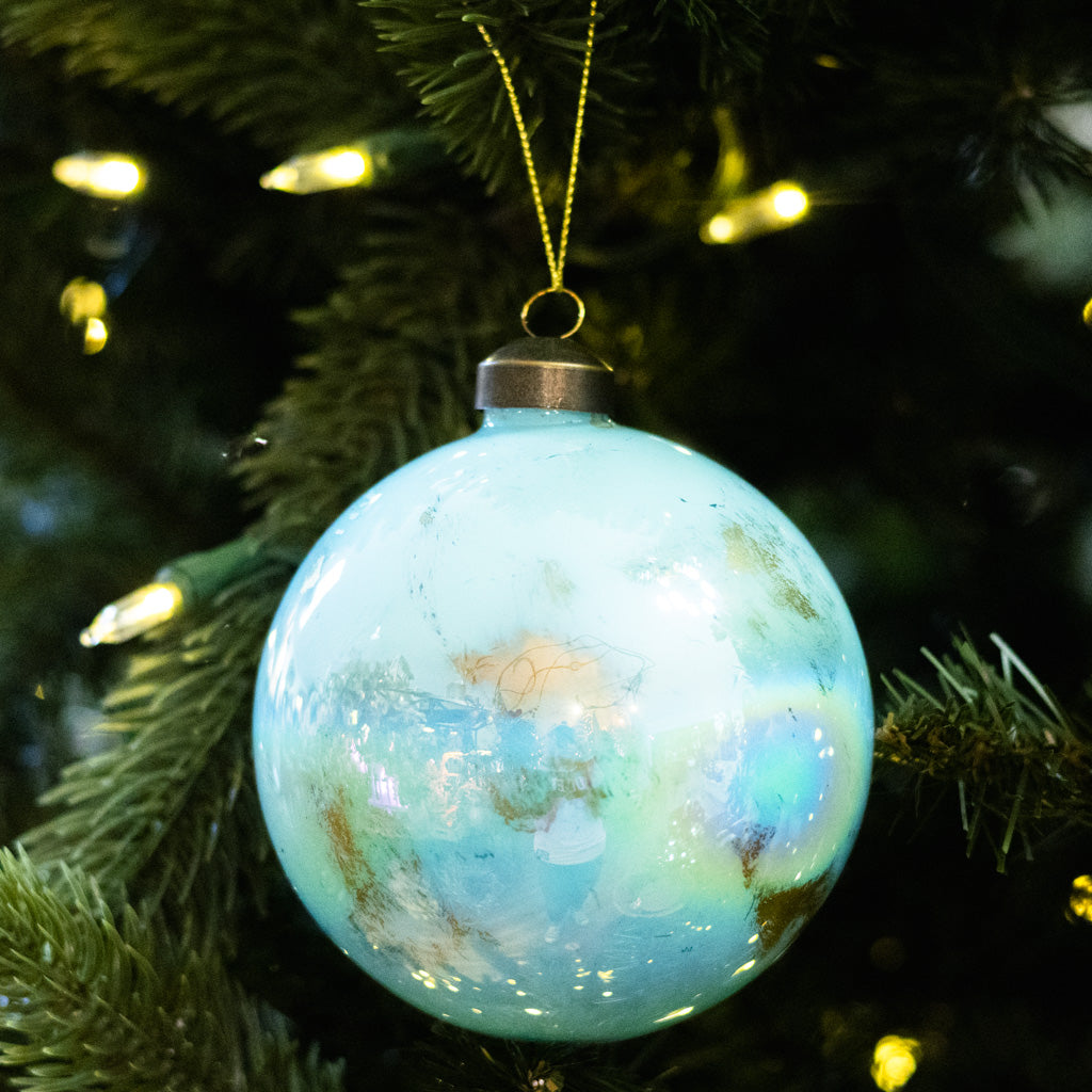 Glass Blue Gold Marbled Ball Ornament