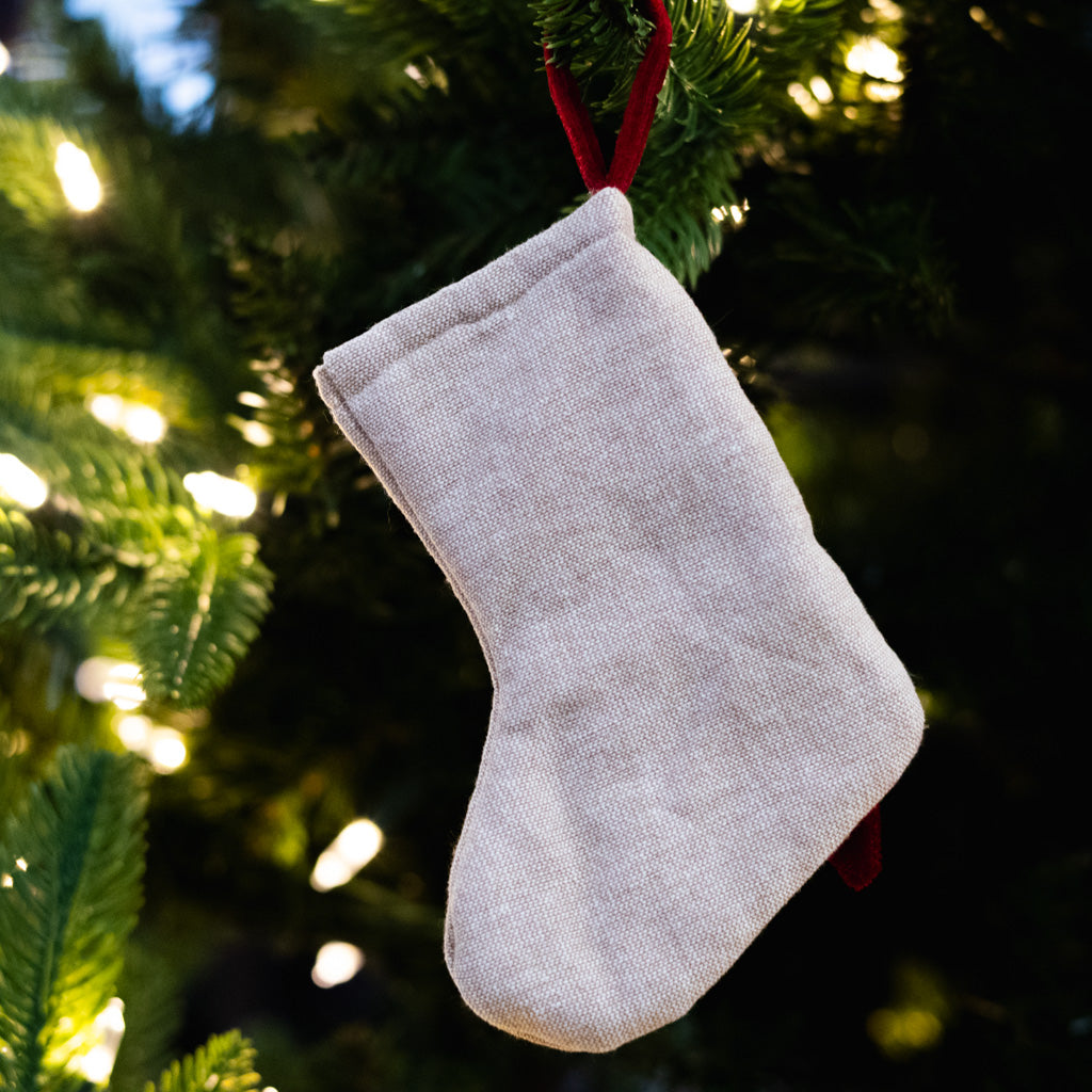 Tan Cotton Stocking with Beaded Wreath and Red Velvet Bow