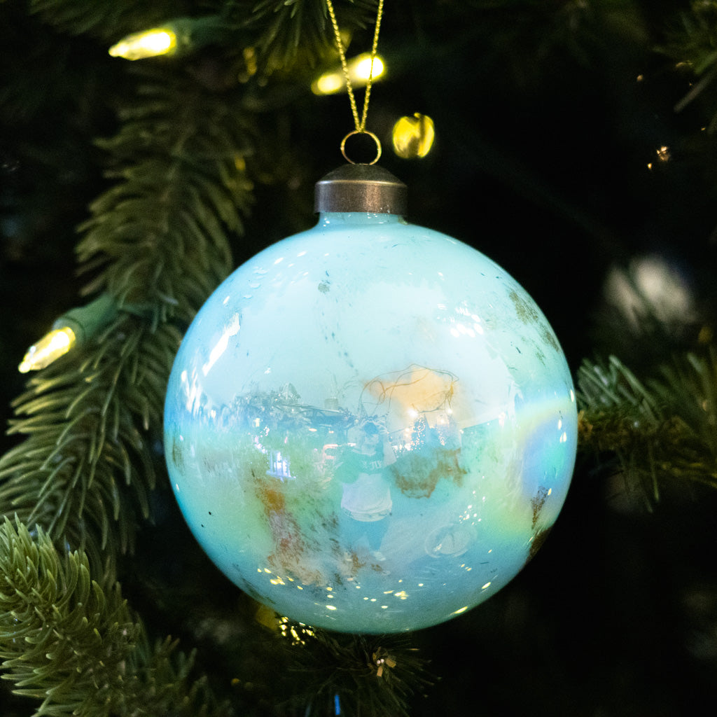 Glass Blue Gold Marbled Ball Ornament