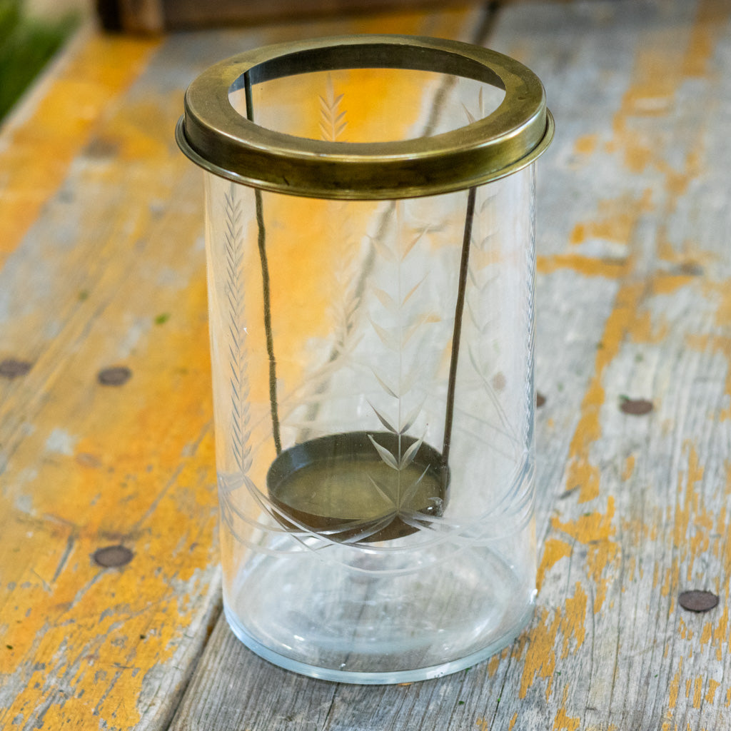 Etched Glass Candle Holder with Bronze Toned Metal Frame