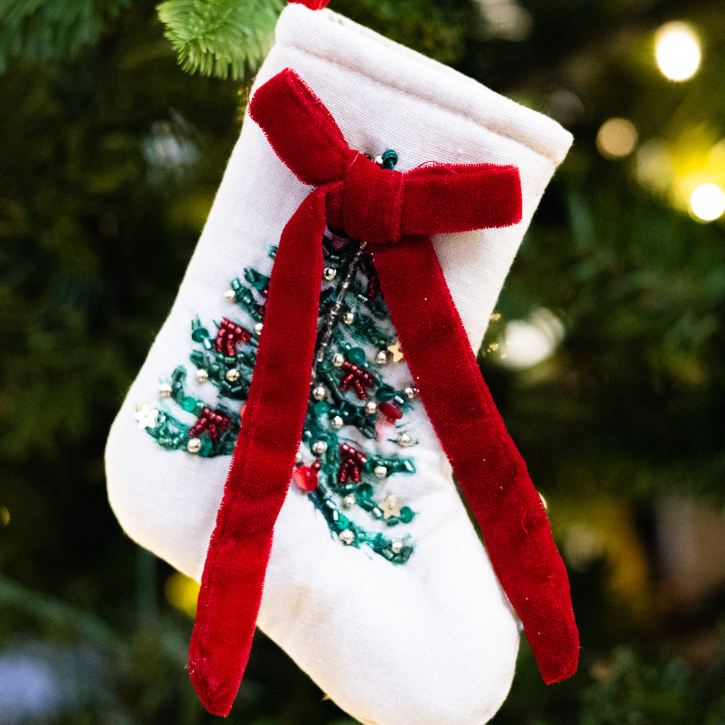 Cream Cotton Stocking with Beaded Tree and Bow