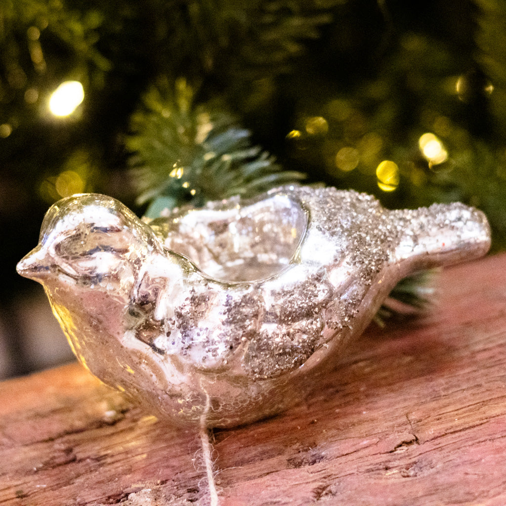 Antique Silver Glitter Glass Bird
