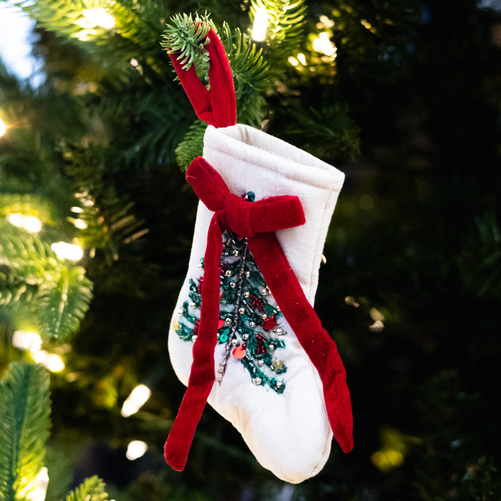 Cream Cotton Stocking with Beaded Tree and Bow