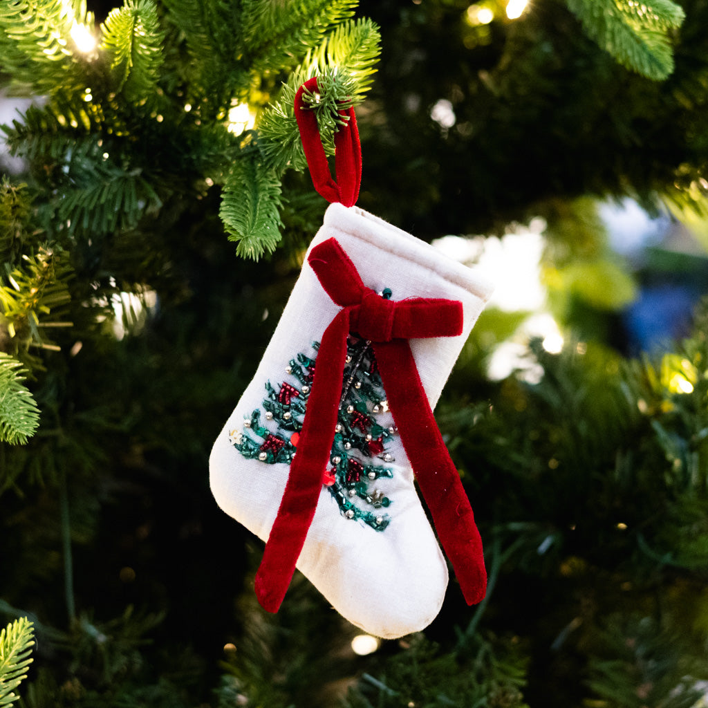 Cream Cotton Stocking with Beaded Tree and Bow
