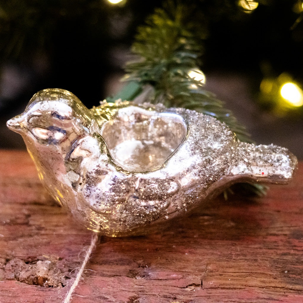 Antique Silver Glitter Glass Bird