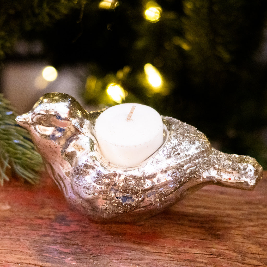 Antique Silver Glitter Glass Bird