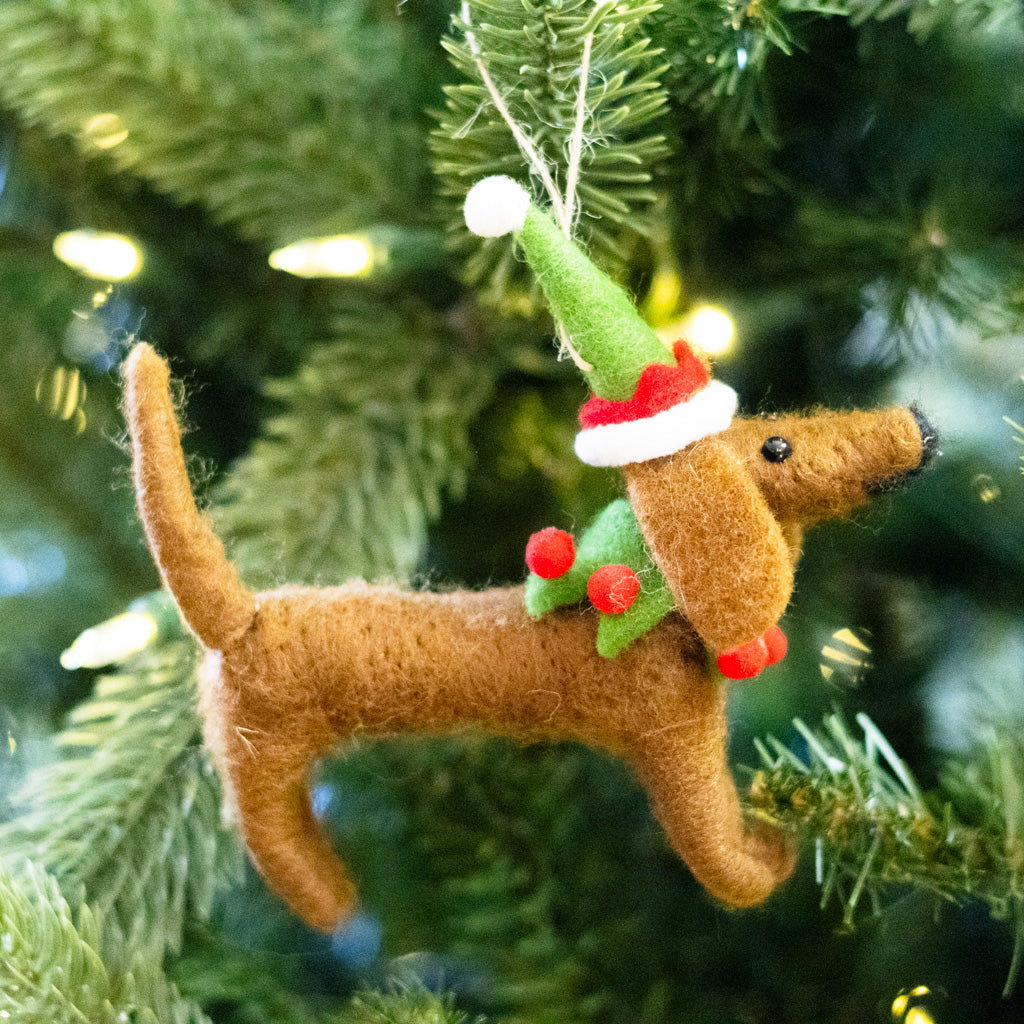 Felt Brown Dog with Holiday Hat and Collar