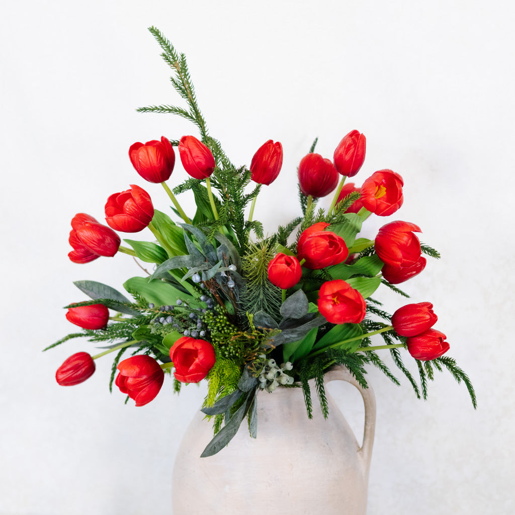 Grand Red Tulip and Juniper Holiday Bouquet