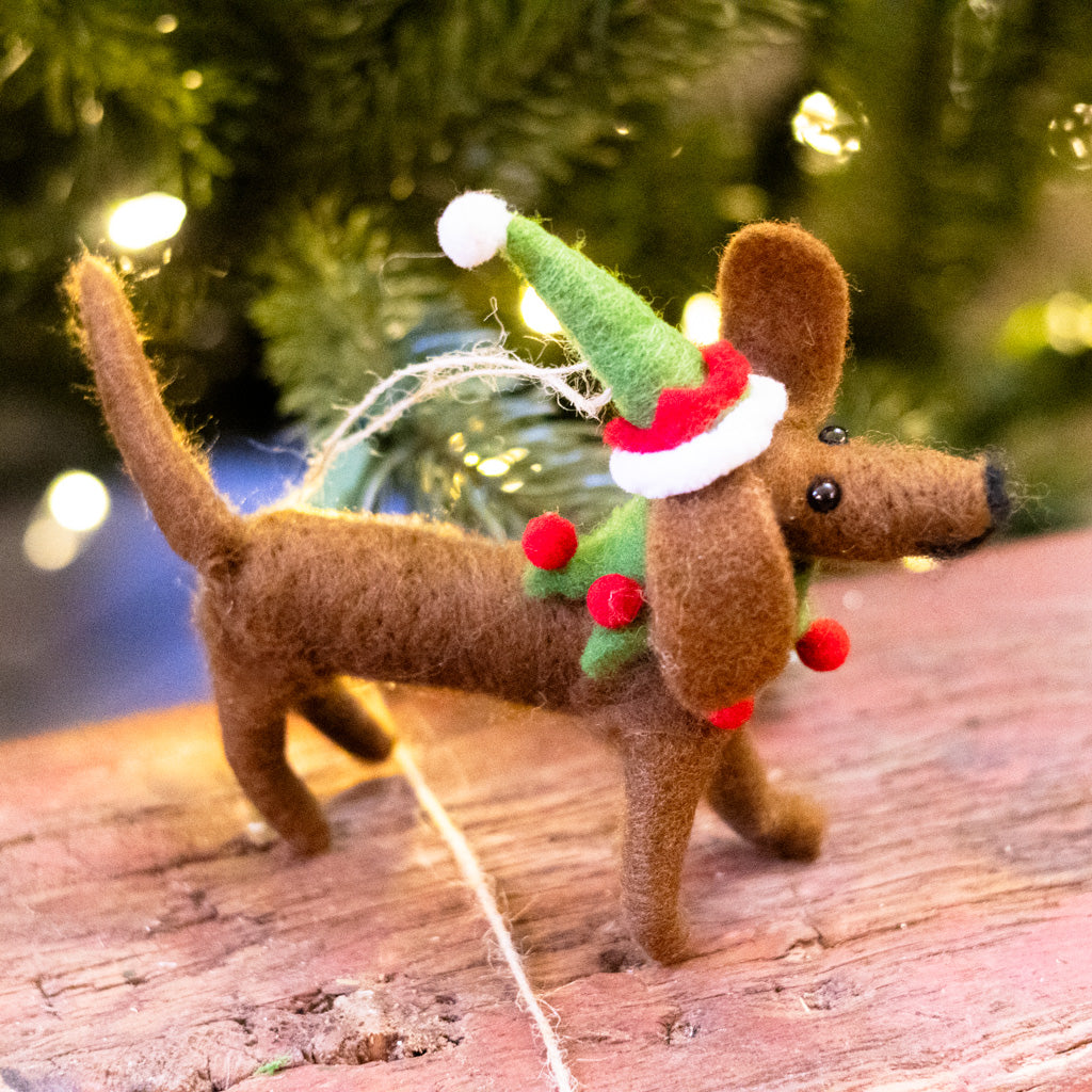Felt Brown Dog with Holiday Hat and Collar