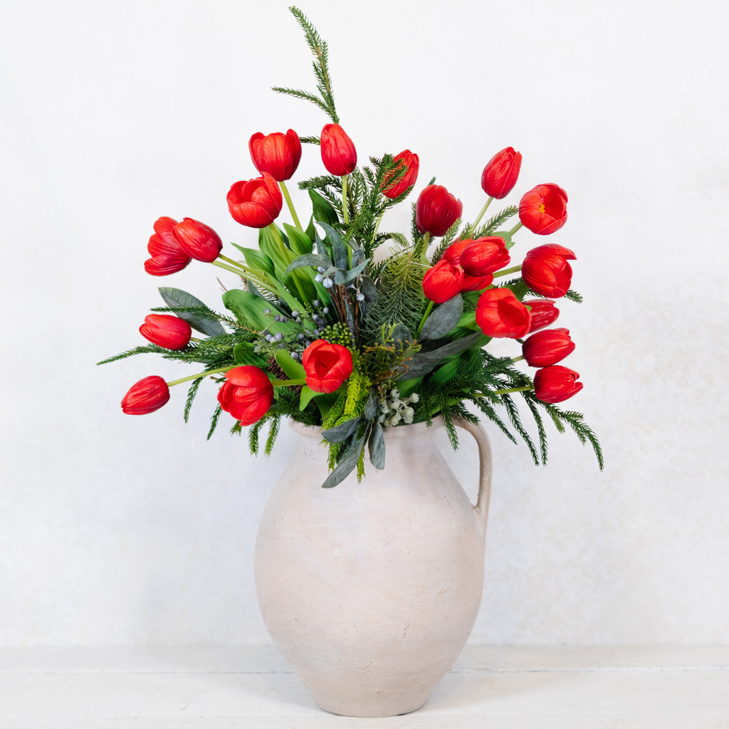 Grand Red Tulip and Juniper Holiday Bouquet