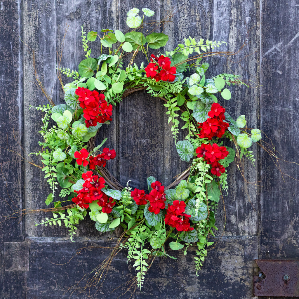 Red Geranium Mixed Foliage Wreath