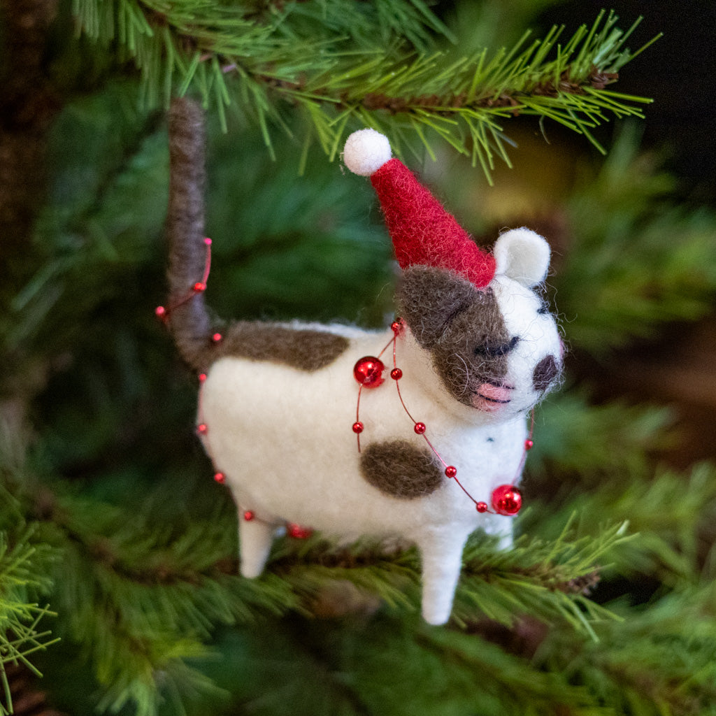 Wool Cat with Red Hat Ornament