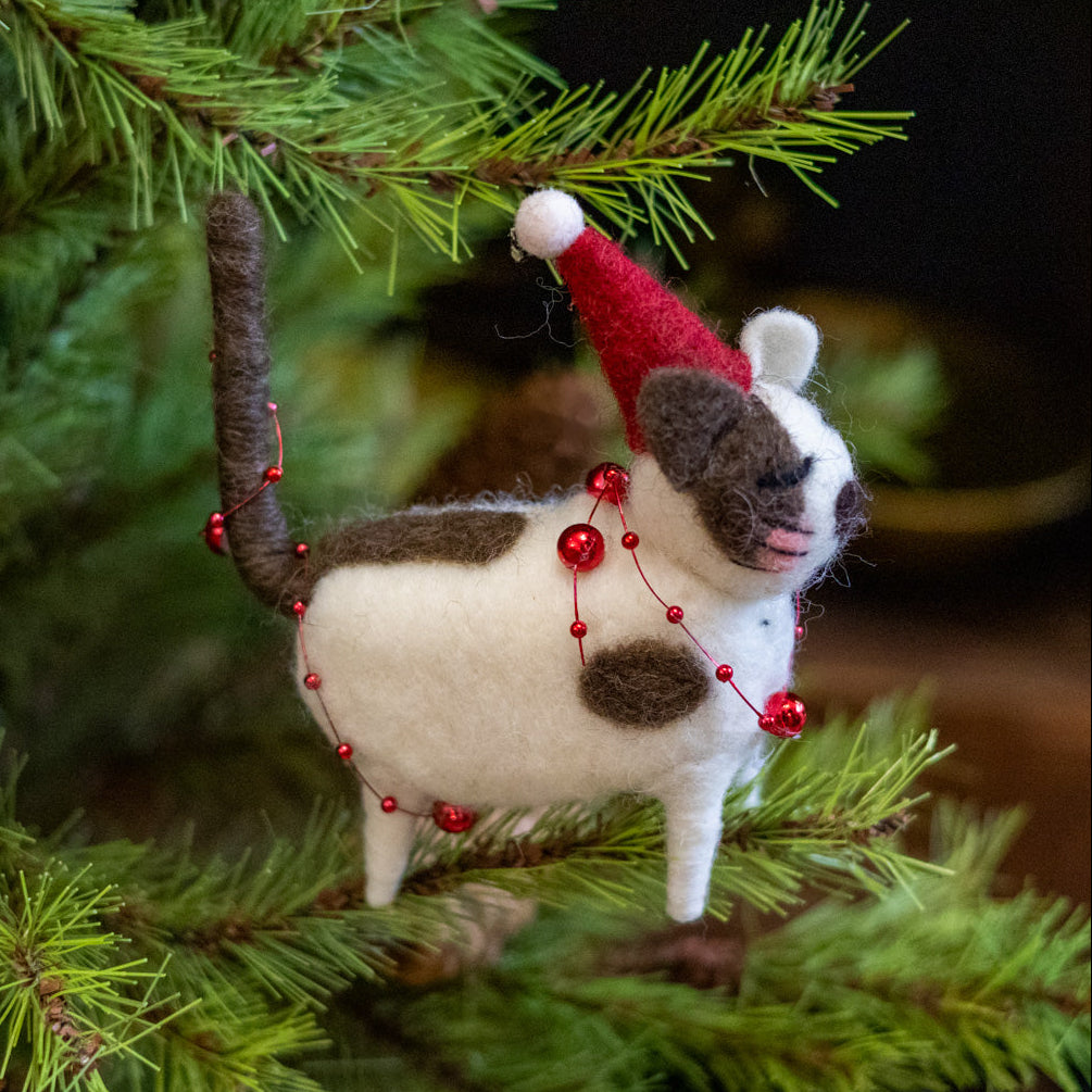Wool Cat with Red Hat Ornament