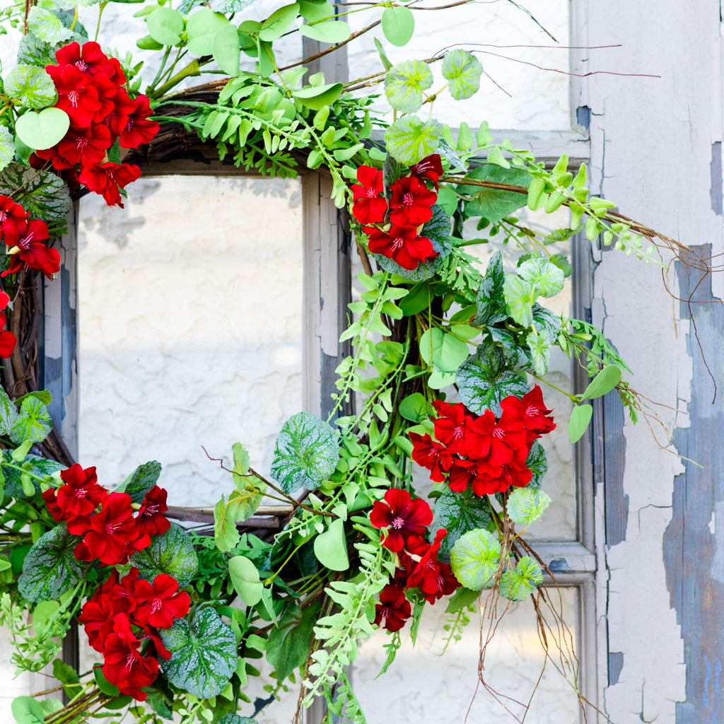 Red Geranium Mixed Foliage Wreath
