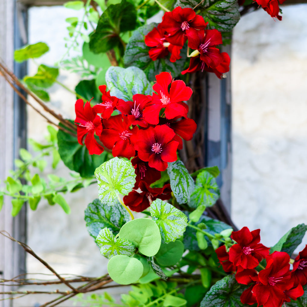 Red Geranium Mixed Foliage Wreath