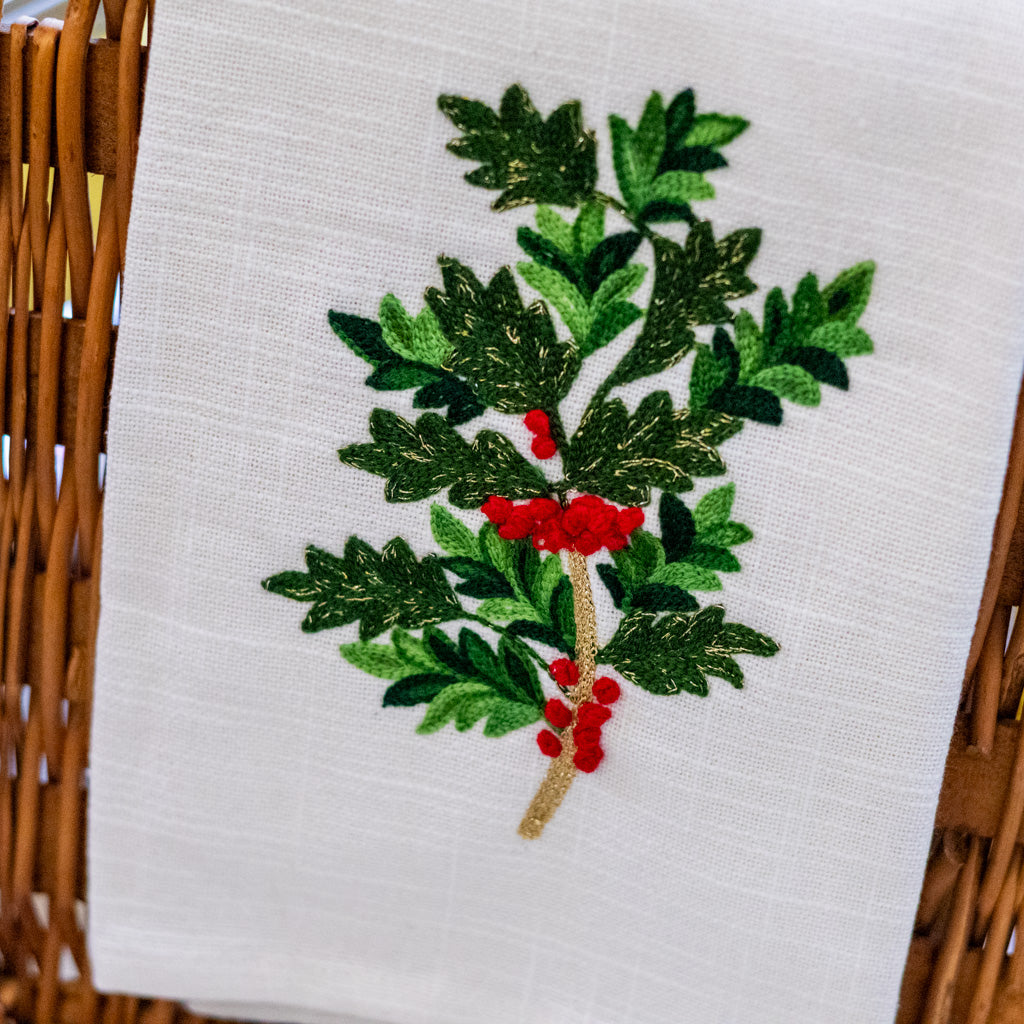 Cream Tea Towel with Holly Leaves and Berries
