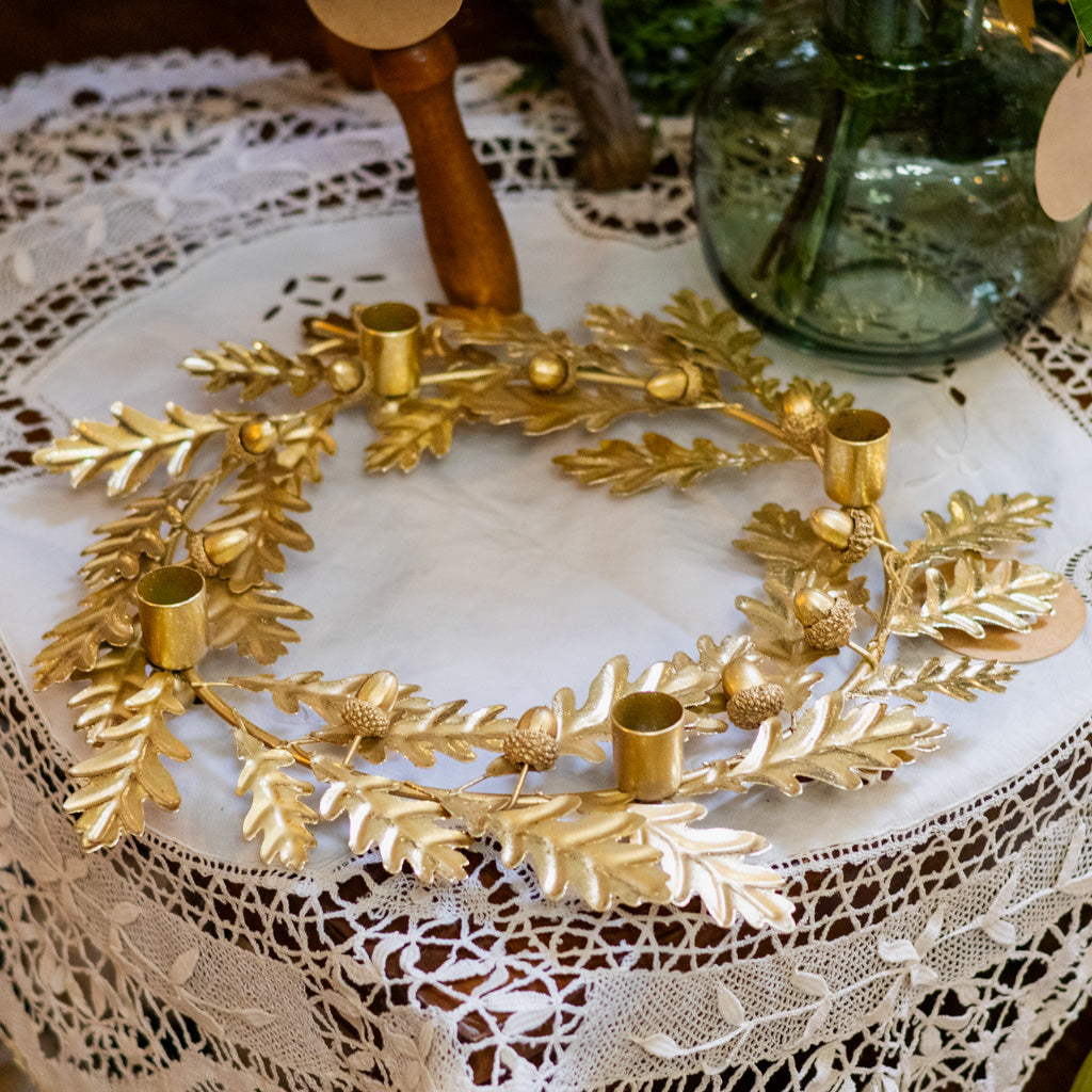 Oak Candle Wreath Metal Gold Finish