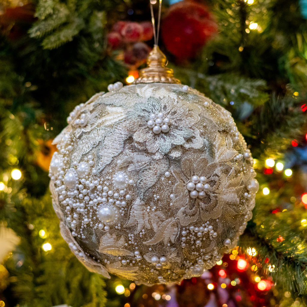 Medium Embellished Pearl Glitter Ball Ornament