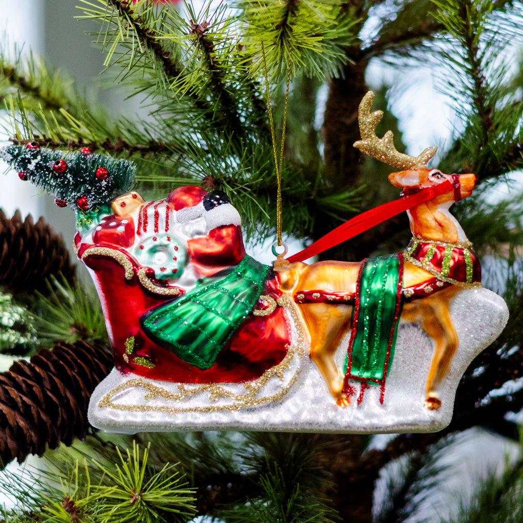 Sparkling Santa on Sleigh with Deer Ornament