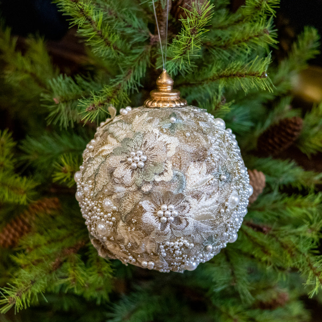 Medium Embellished Pearl Glitter Ball Ornament
