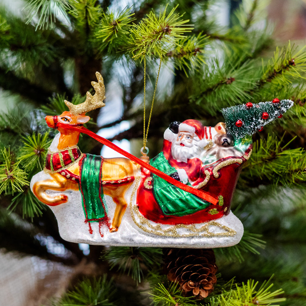 Sparkling Santa on Sleigh with Deer Ornament