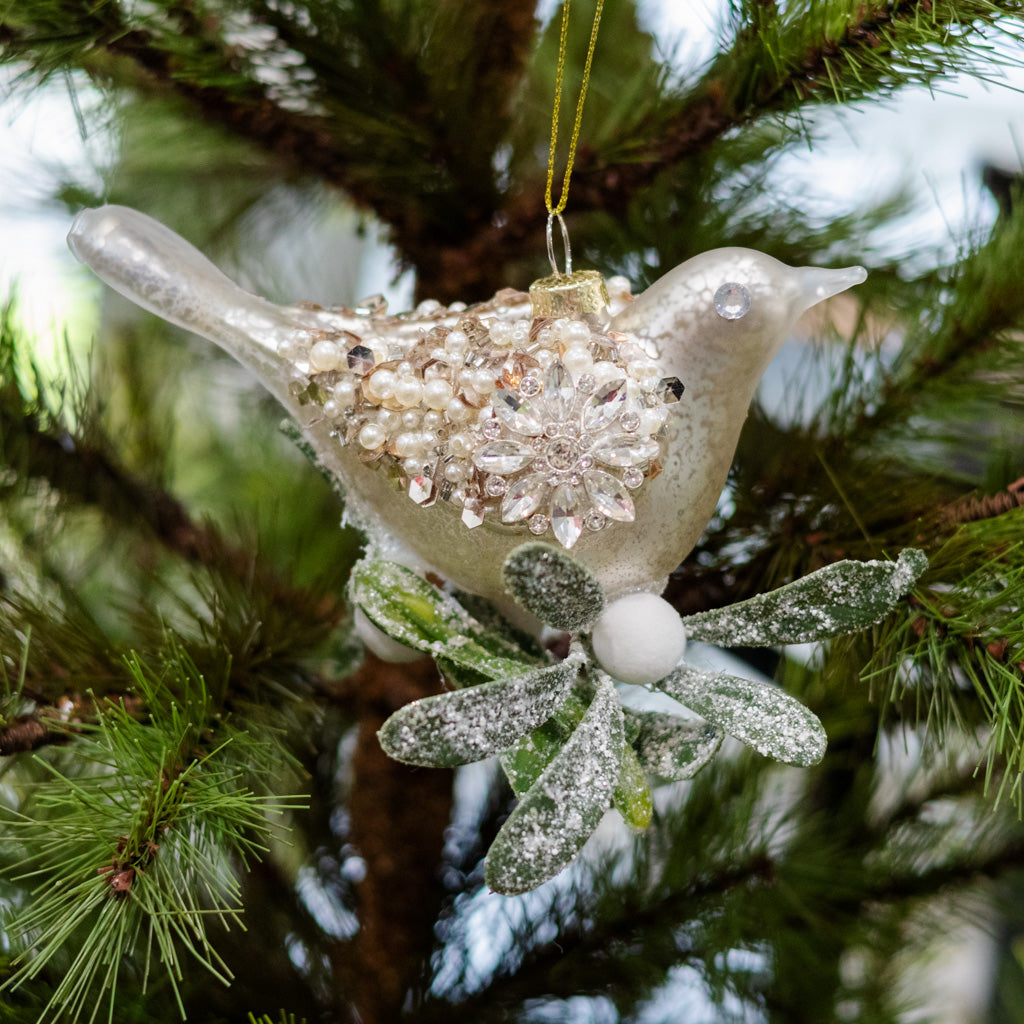 Glass Silver Sequin Bird with Mistletoe Ornament