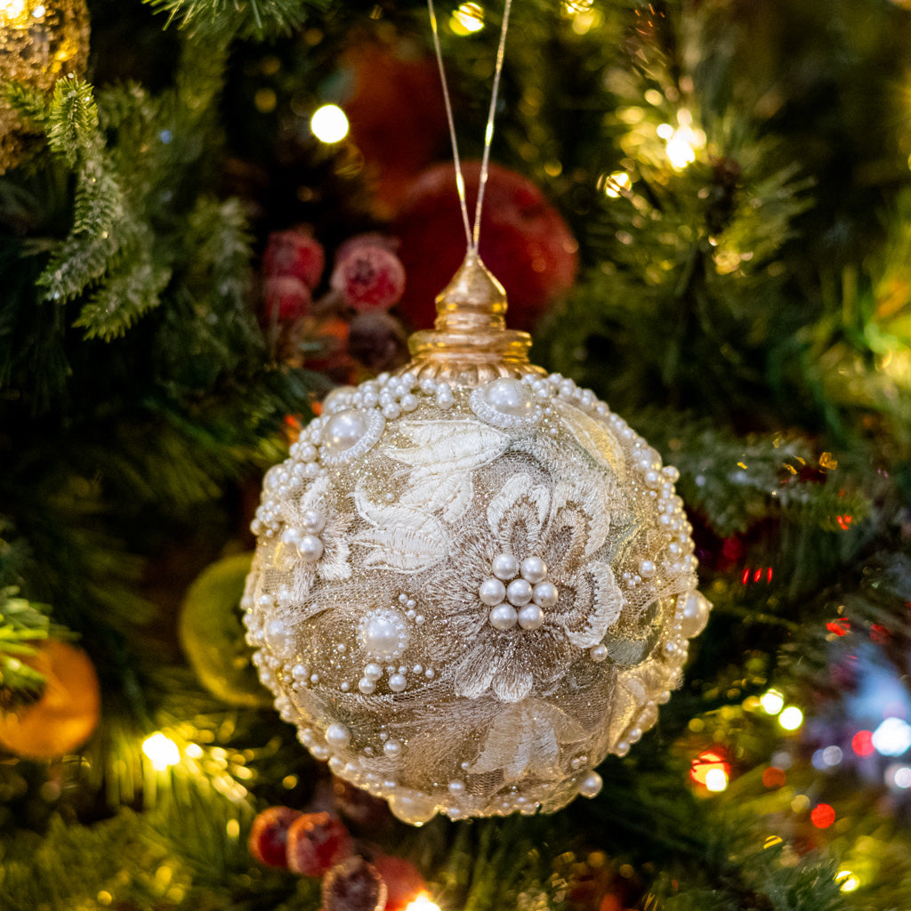 Small Embellished Pearl Glitter Ball Ornament