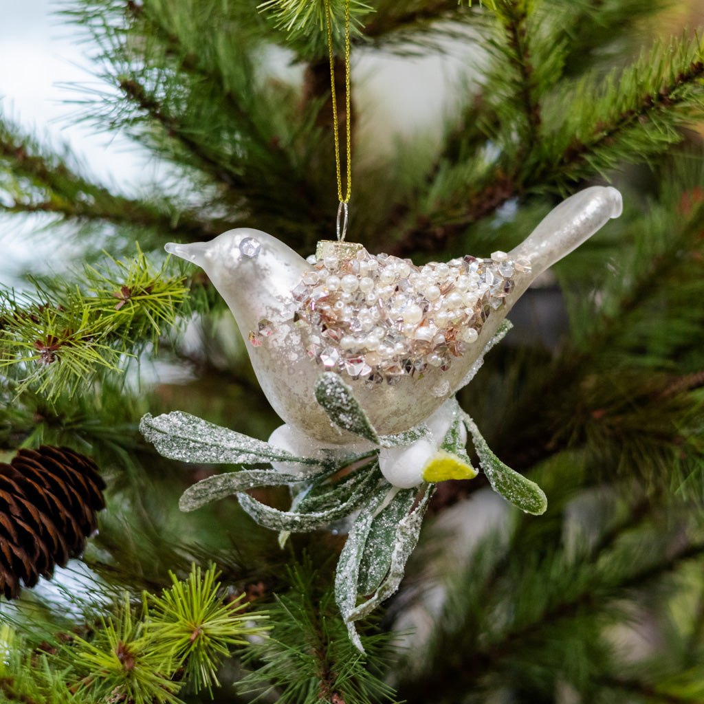 Glass Silver Sequin Bird with Mistletoe Ornament