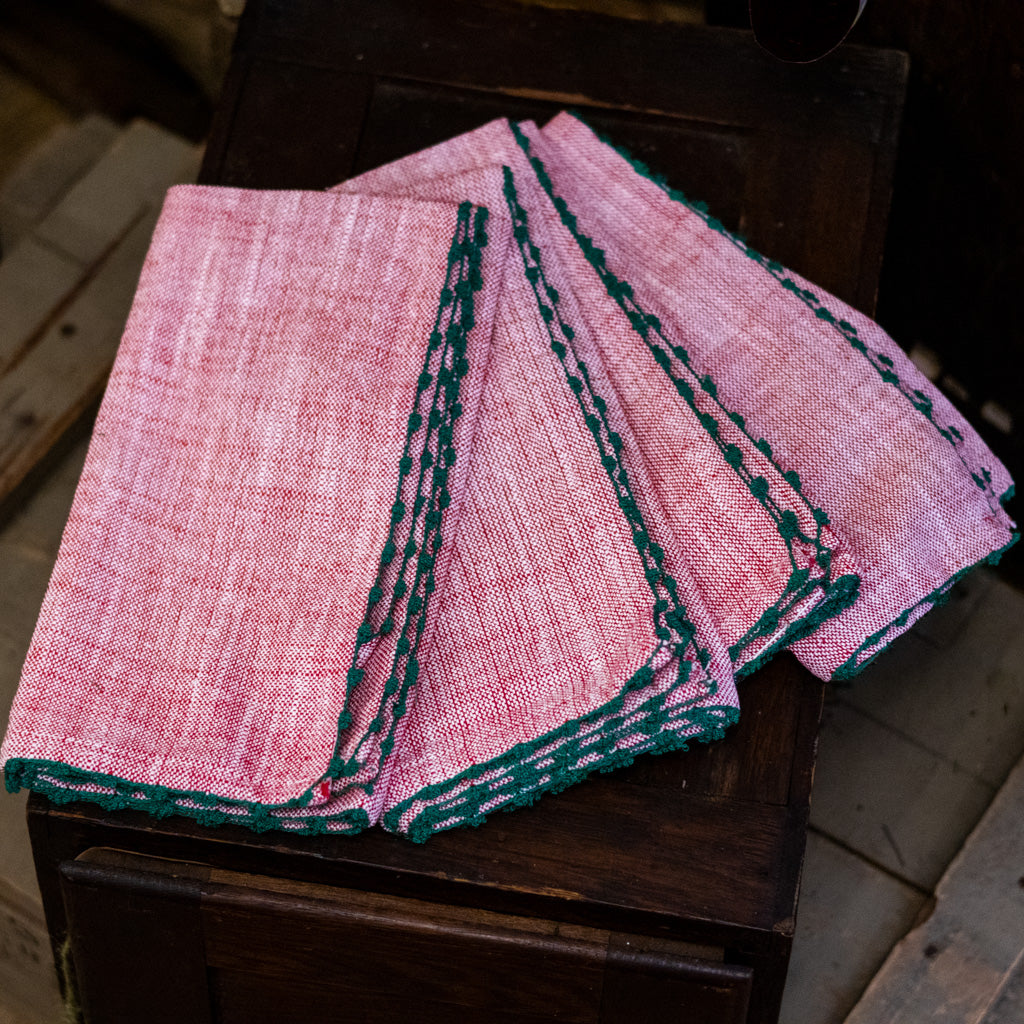 Set of Four Knotted Edge Candy Cane Red with Green Trim Cotton Napkins
