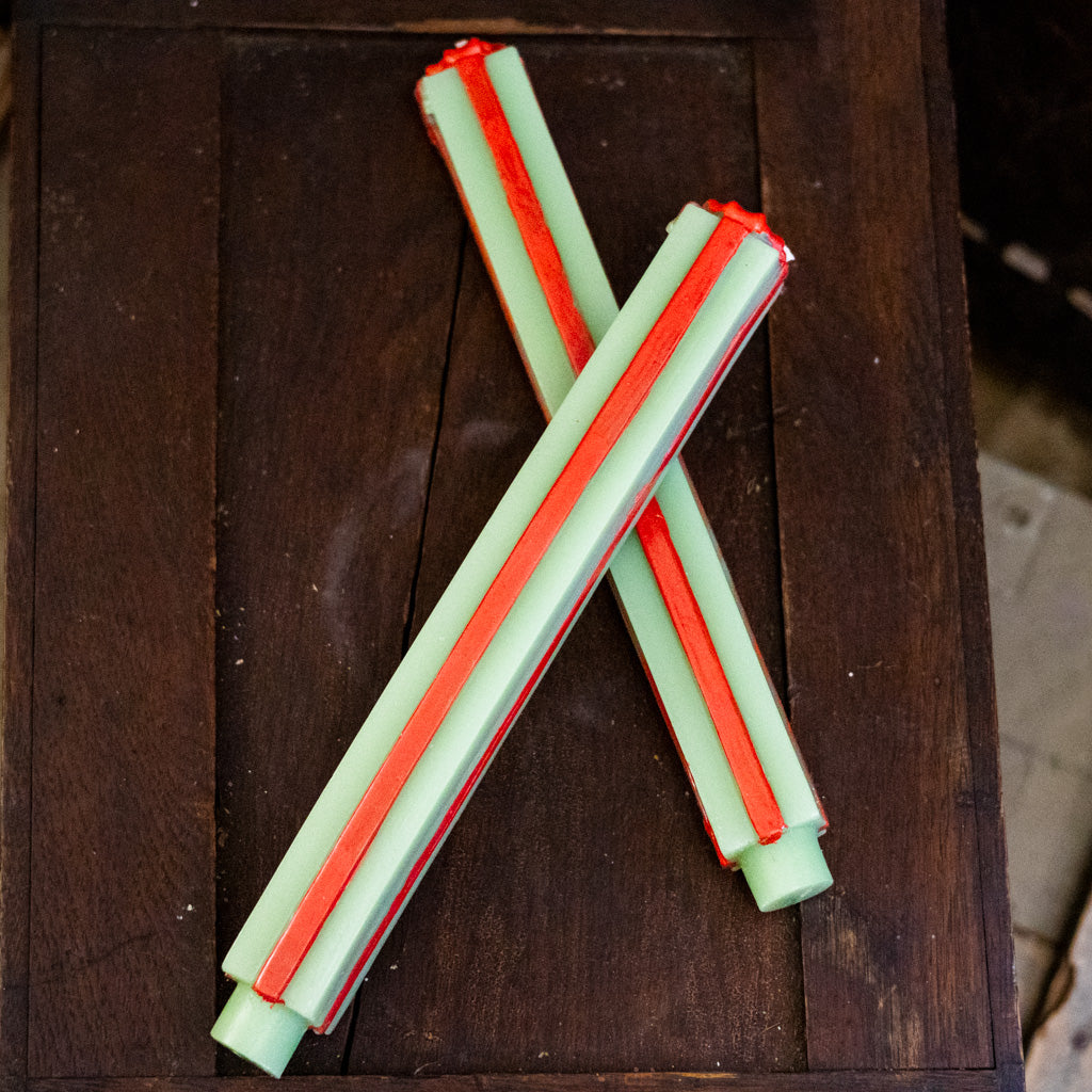 Green and Red Unscented Package Shaped Taper Candles Box of Two